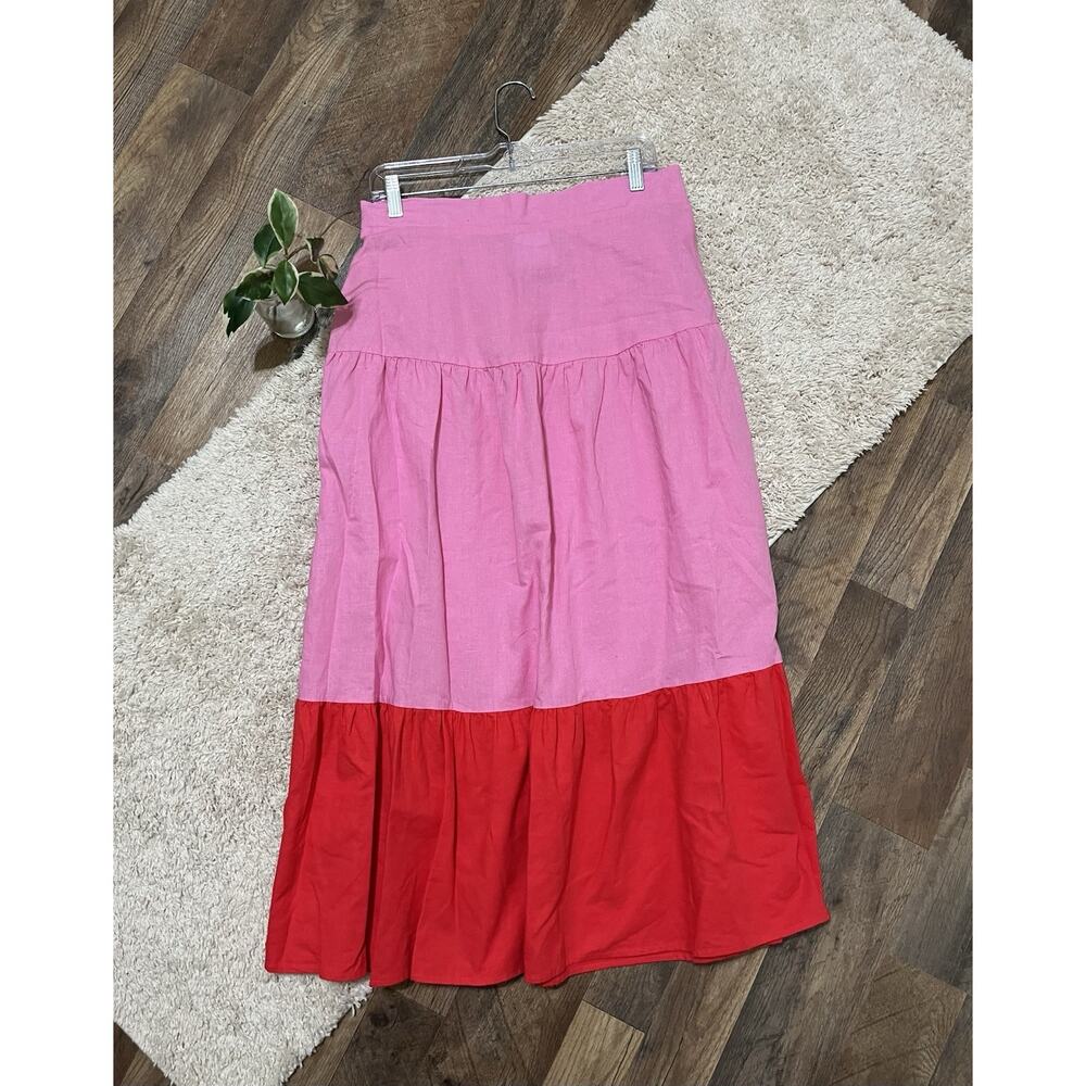 MVN The Label 12 Pink Red Colorblock Linen Blend Pull-On Callisto Midi Skirt